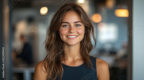 Smiling woman in a modern office setting, showcasing confidence and positivity amidst colleagues