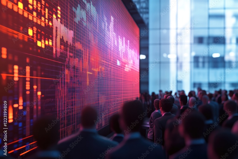 Crowd observing digital data display in modern corporate environ Crowd observing digital data display in modern corporate environ