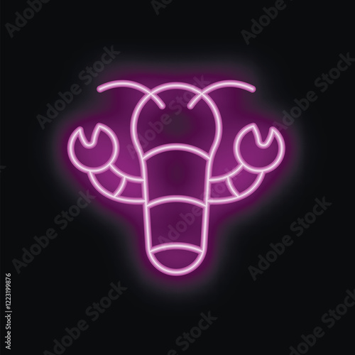 Bright purple neon sign in the shape of a lobster, glowing on a black background