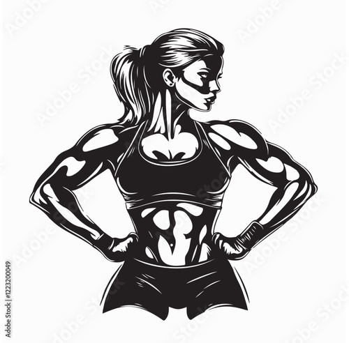 Sporty Woman Proudly Flexing Her Arm Muscles in a Powerful Pose Vector Illustration