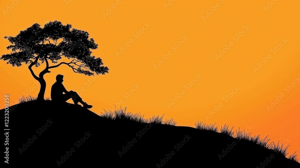 Man Silhouette Sunset Hilltop Tree Peaceful Relaxation Man Silhouette Sunset Hilltop Tree Peaceful Relaxation