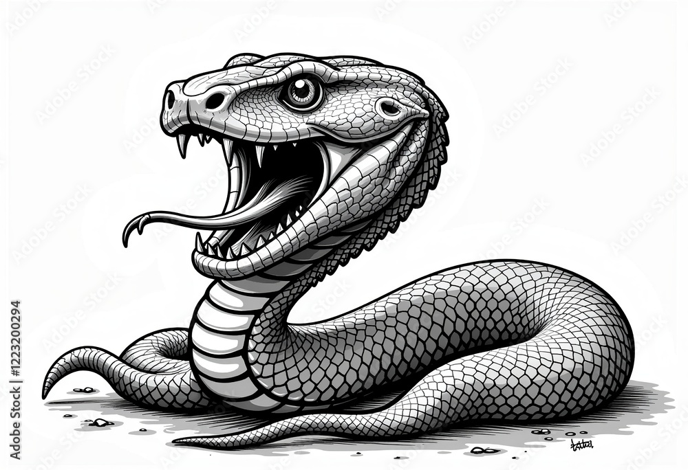 Fototapeta premium Cobra Tattoo Design, Ferocious Sketch Style, Open Mouth, Fangs Exposed, Tongue Sticking Out, Line Drawing, Minimalist, Girls Tattoo, Vector, Reptile. 