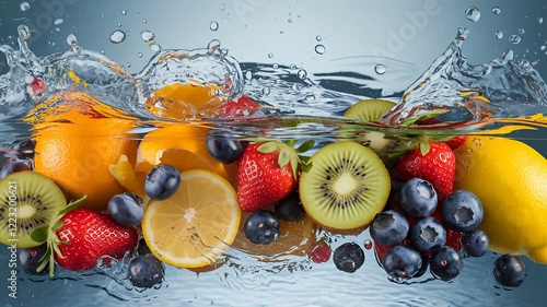 Vibrant Splash of Fresh Fruits in Water – Dynamic and Refreshing Concept