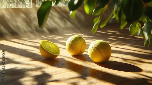 Two tennis balls illuminated by sunlight with a sliced lemon in a cozy indoor setting