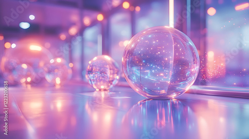 A futuristic space laboratory with glowing orbs and a transparent workstation overlooking a distant planet, during an extraterrestrial research session