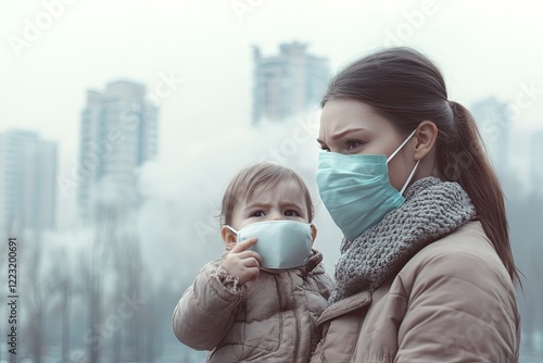 Mother and child wear masks amid urban pollution, showcasing con photo