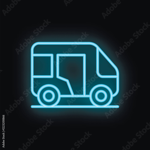 Blue neon sign of a passenger minibus glowing on a black background
