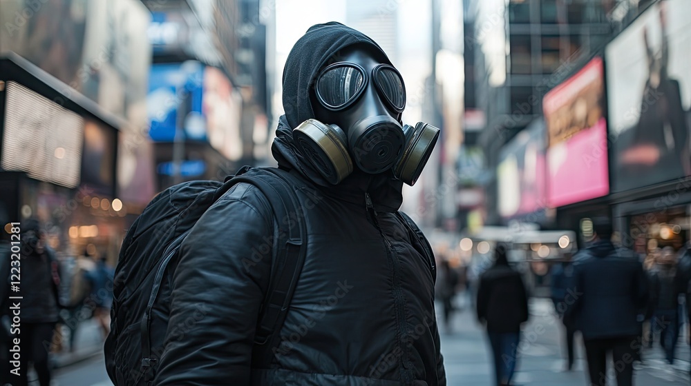 Masked figure in urban setting conveys themes of isolation and p Masked figure in urban setting conveys themes of isolation and p