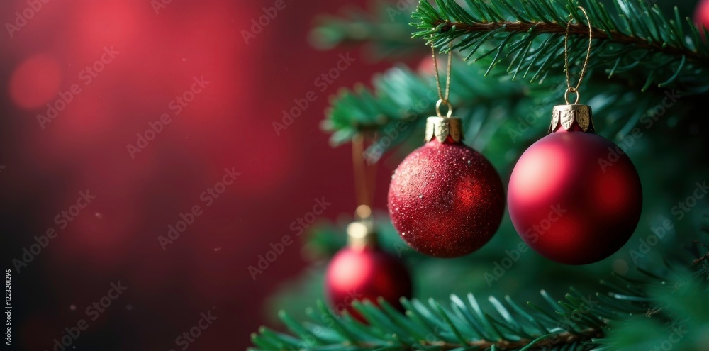 Red and green ornaments hung on a blue Christmas tree branch, hung, branch, red Red and green ornaments hung on a blue Christmas tree branch, hung, branch, red