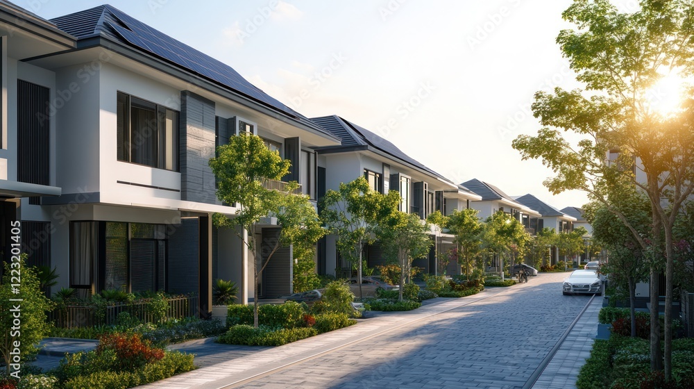 Modern suburban street with houses, trees, and a peaceful atmosphere during sunset. Modern suburban street with houses, trees, and a peaceful atmosphere during sunset.
