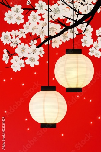 A vibrant scene featuring hanging lanterns against a striking red background, adorned with delicate white cherry blossoms.