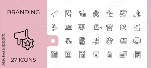 Branding lined icons set. Includes thin line branding, web, positioning, target, pr, customer. Pixel perfect. Editable stroke. Vector illustration.
