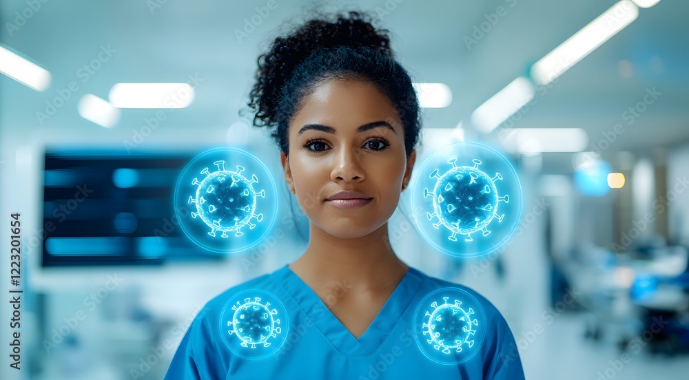 A healthcare worker stands confidently in a hospital, with digital representations of viruses surrounding her, symbolizing medical expertise and health awareness. A healthcare worker stands confidently in a hospital, with digital representations of viruses surrounding her, symbolizing medical expertise and health awareness.