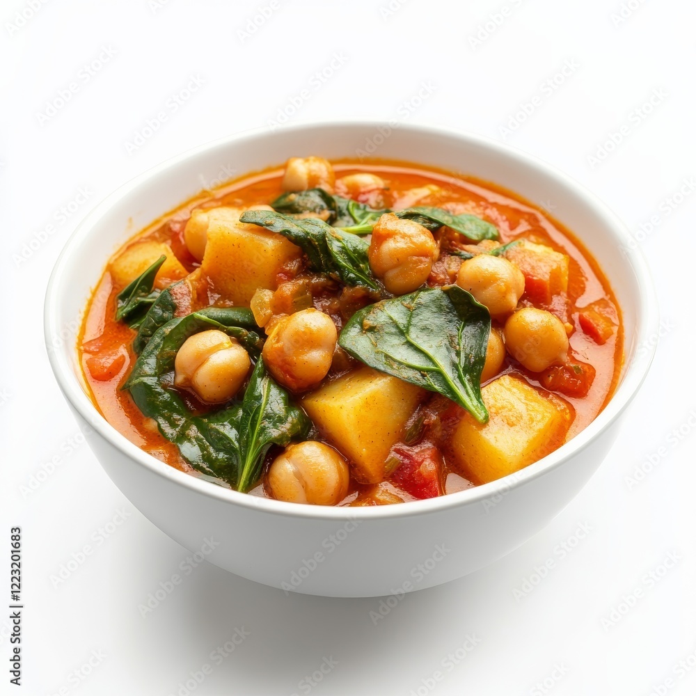 A bowl of hearty vegetable curry with chickpeas and spinach, isolated white background, minimalist art style A bowl of hearty vegetable curry with chickpeas and spinach, isolated white background, minimalist art style