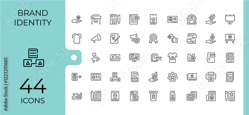 Set of Brand Identity line icons. It contains symbols to project, marketing, social, advertising, development, product, vision, slogan. Minimalistic icons. Editable vector stroke.