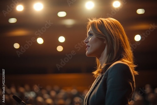 Confident speaker engages audience under warm stage lights, capt photo