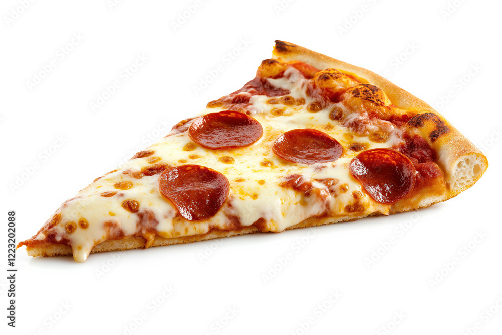 Slice of pepperoni pizza with melted cheese, golden crust, and savory pepperoni slices, set against a clean white background Slice of pepperoni pizza with melted cheese, golden crust, and savory pepperoni slices, set against a clean white background