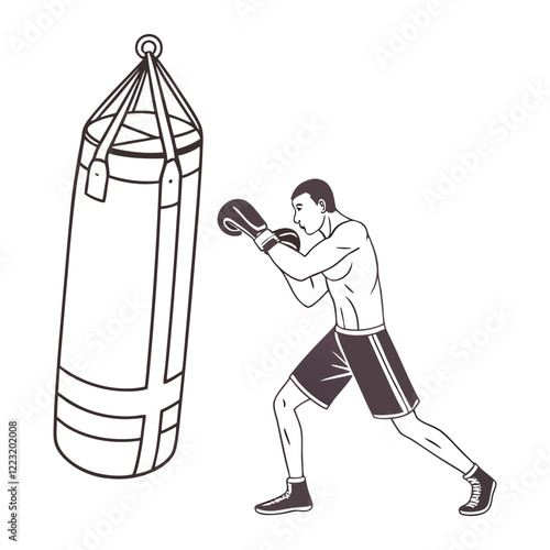 Boxer with a Punching bag silhouette line art illustration