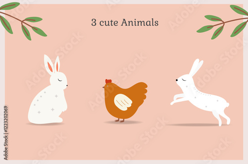 Easter spring set with cute chicken, rabbit . Vector illustration.