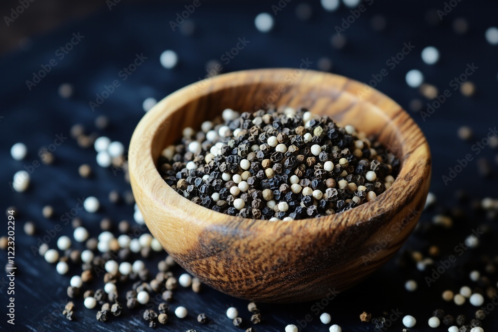 Mixed peppercorns filling a wooden bowl on a dark background Mixed peppercorns filling a wooden bowl on a dark background