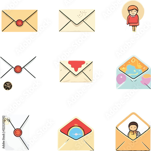 Artistic designs of envelopes featuring seals, symbols, and creative inserts, ideal for expressions of communication, creativity, and personalized messages.