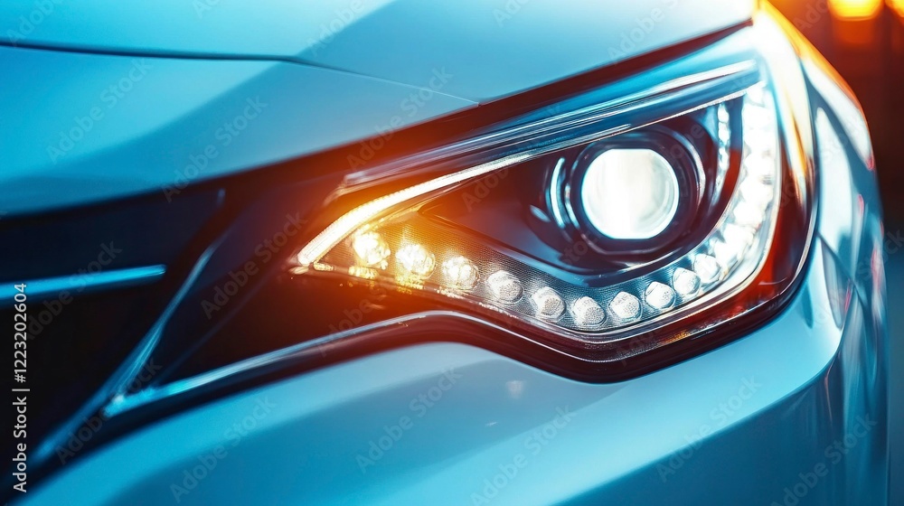 Fototapeta premium Futuristic asymmetric headlights illuminating a modern car urban environment closeup photography technology concept