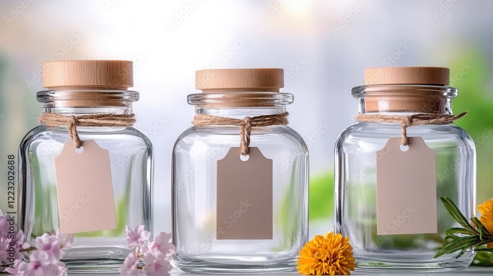 Beautiful Glass Jars with Wooden Lids and Blank Tags in Natural Setting Beautiful Glass Jars with Wooden Lids and Blank Tags in Natural Setting