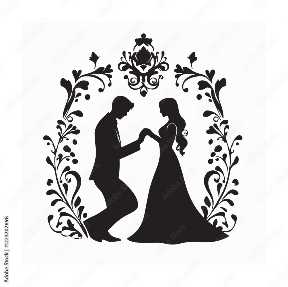 Silhouette of a man kneeling down and holding the hand of a standing woman vector image. Silhouette of a man kneeling down and holding the hand of a standing woman vector image.