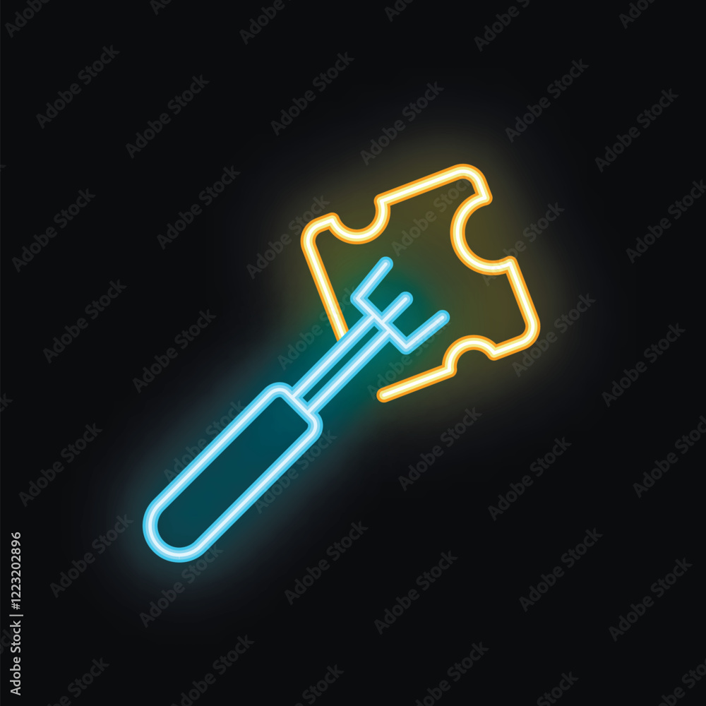 Bright neon icon of a fork piercing a slice of cheese, ideal for any project related to food, restaurants, and culinary experiences Bright neon icon of a fork piercing a slice of cheese, ideal for any project related to food, restaurants, and culinary experiences