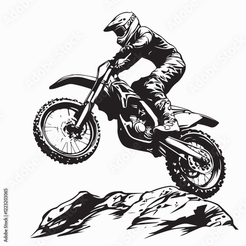 Skilled Motocross Rider Performing a Stunt on a Massive Rock Barrier in Vector Illustration