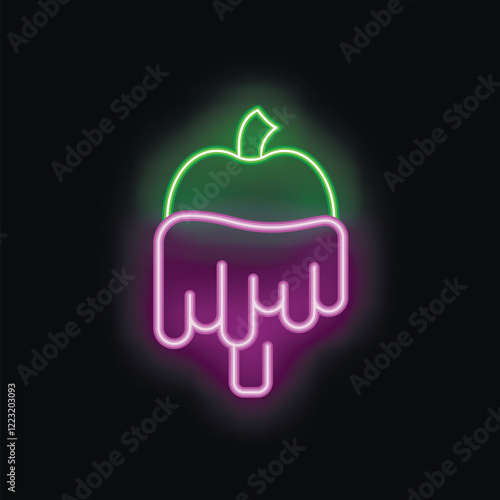 Glowing neon sign depicting a green candy apple with dripping purple caramel on a stick against a black background