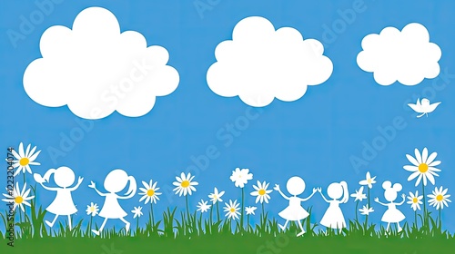 Happy girls dancing in a field of daisies under a blue sky
