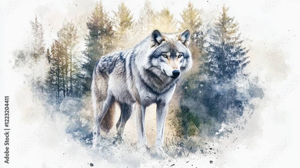 Naklejka premium Majestic wolf in forest with watercolor effect in nature setting