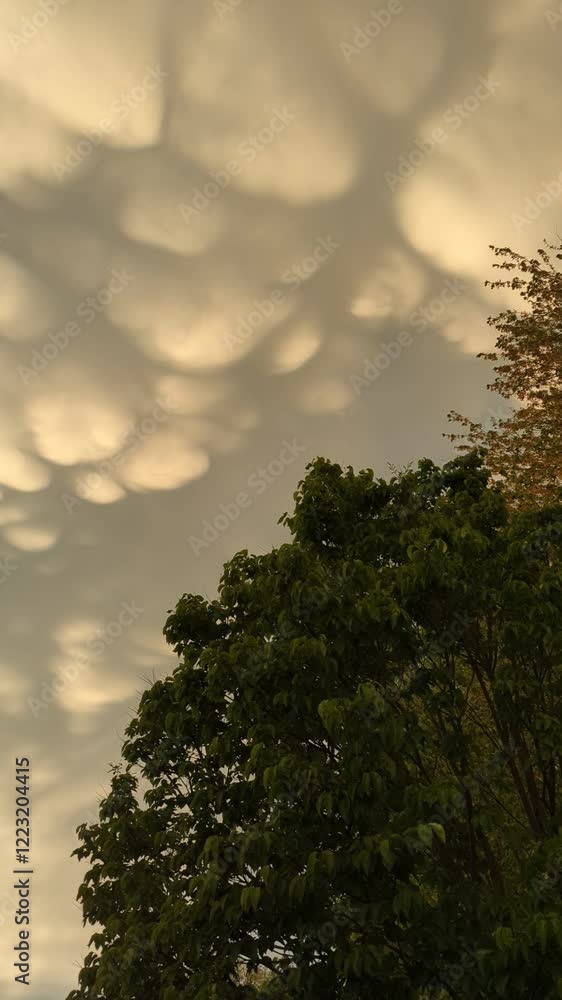 Looking up at the sky to the mammatus clouds casting a strange glow onto the land. Looking up at the sky to the mammatus clouds casting a strange glow onto the land.