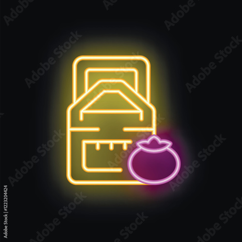 Glowing neon lunchbox icon with a fresh apple, perfect for designs related to school, food, and healthy eating