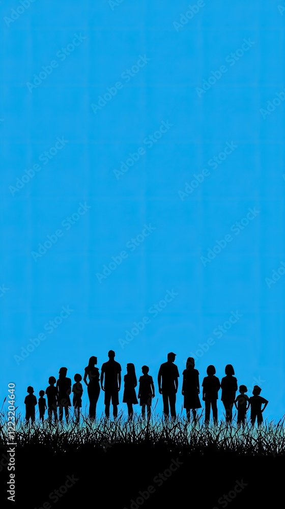 Family silhouette, outdoor, blue sky, unity, poster
