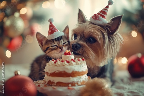 Festive pets celebrating with cake, wearing party hats, surround photo