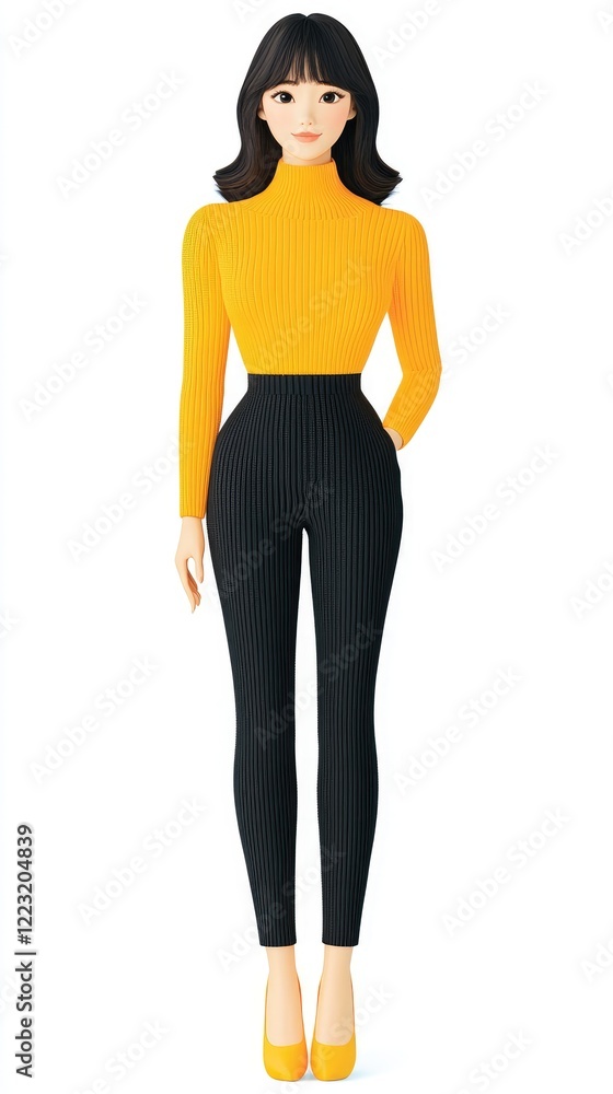 Fototapeta premium Stylish woman, yellow top, black leggings, studio, fashion