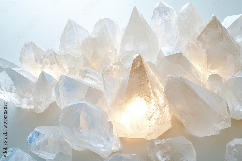 Illuminated cluster of translucent quartz crystals, showcasing their intricate formations and inner glow. Illuminated cluster of translucent quartz crystals, showcasing their intricate formations and inner glow.