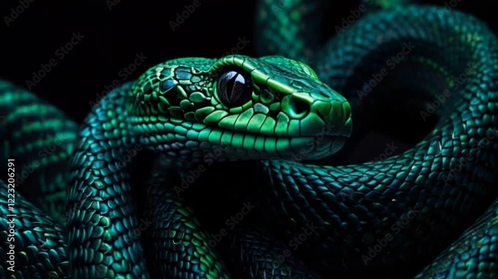 Green snake moving on a black background. Video. Green snake moving on a black background. Video.