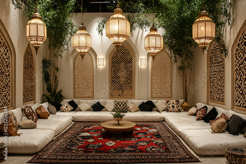 Elegant middle eastern lounge with ornate decor and Arabic hanging lanterns photo