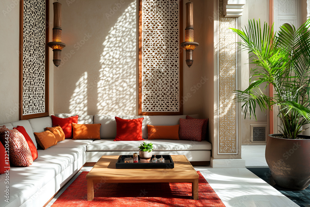 Fototapeta premium Elegant moroccan-inspired living space with sunlit interiors and traditional Arabic decor elements