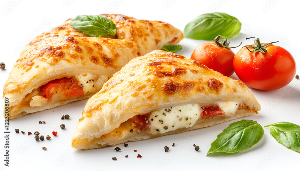 Slices of delicious calzone pizza with mozzarella, tomatoes and basil isolated on white Slices of delicious calzone pizza with mozzarella, tomatoes and basil isolated on white