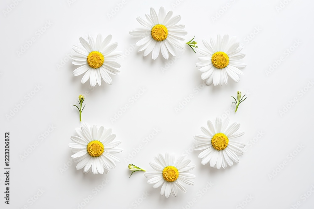 Obraz premium Circular arrangement of white daisies with yellow centers on a clean white background