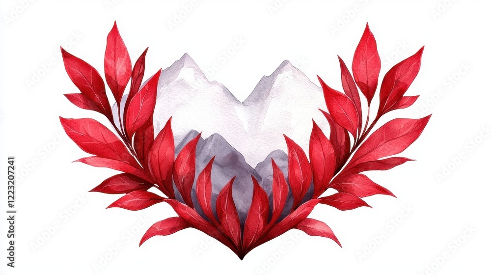 Fototapeta premium Watercolor Heart Shaped Mountain Landscape with Red Leaves Botanical Illustration Nature Art
