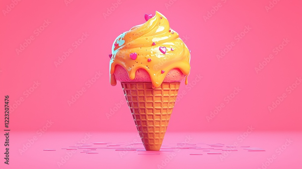 Delicious Melting Ice Cream Cone with Sprinkles on Pink Background Delicious Melting Ice Cream Cone with Sprinkles on Pink Background