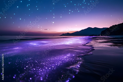 Bioluminescence plankton, Glowing ocean water on the coast, blue fluorescent waves a the beach. photo