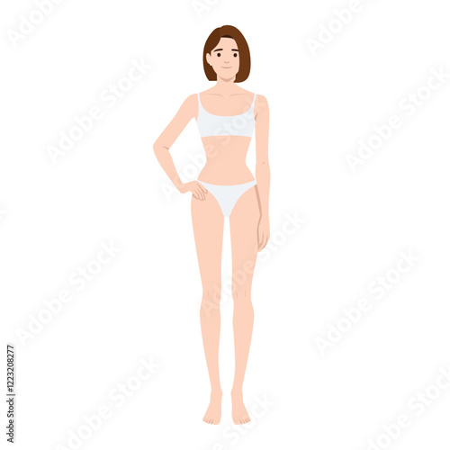 Woman standing confidently in a white undergarment set, body positivity and natural beauty. Flat vector illustration isolated on white background