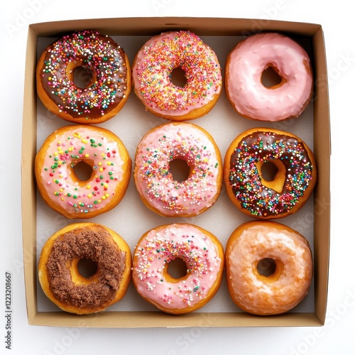 Freshly baked donuts in a cardboard box ready for breakfast or dessert