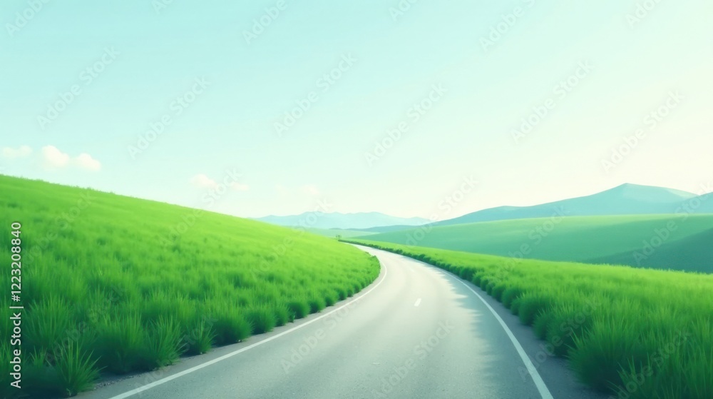 Fototapeta premium Asphalt road curving gently through vibrant green rolling hills under a serene sky, a picturesque journey ahead